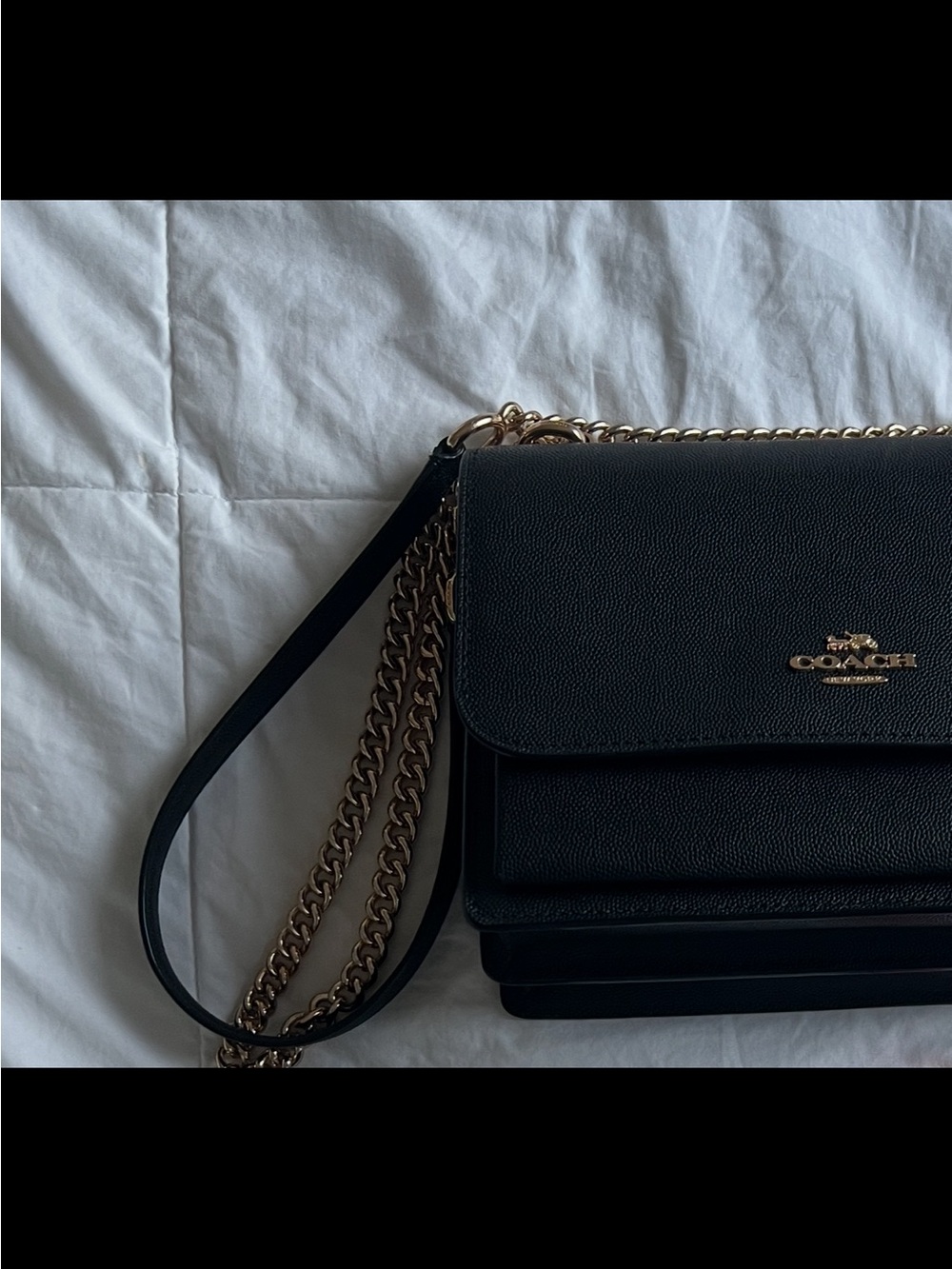 Coach Black Pebbled Leather Chain Crossbody Bag with Gold Hardware